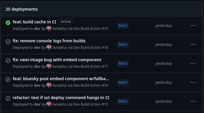 Screenshot showing my latest commits all deployed perfectly, no hangups.