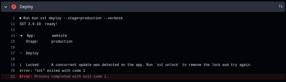 Screenshot of Production Build #41 attempt 02, showing a locked sst state error, failing the Deploy step